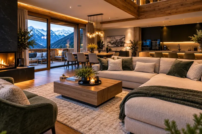Salon de chalet rangé et prêt pour l'arrivée des voyageurs, avec cheminée et vue sur les montagnes